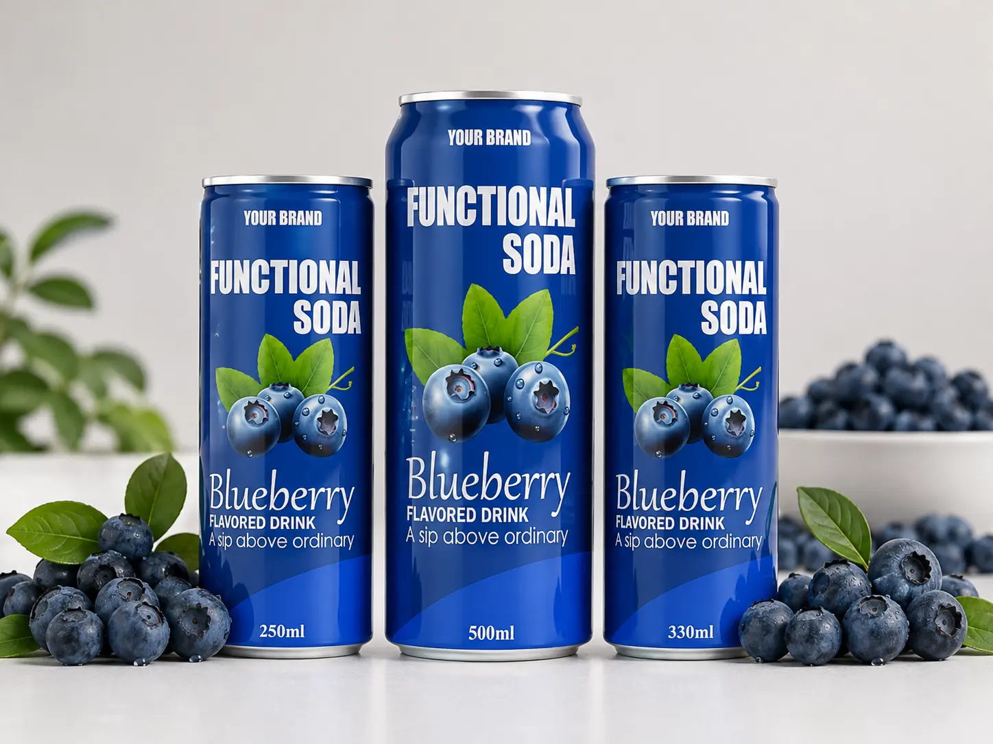 FUNCTIONAL SODA Blueberry Flavored Drink in 250ml, 330ml, and 500ml cans with fresh blueberries around the display.